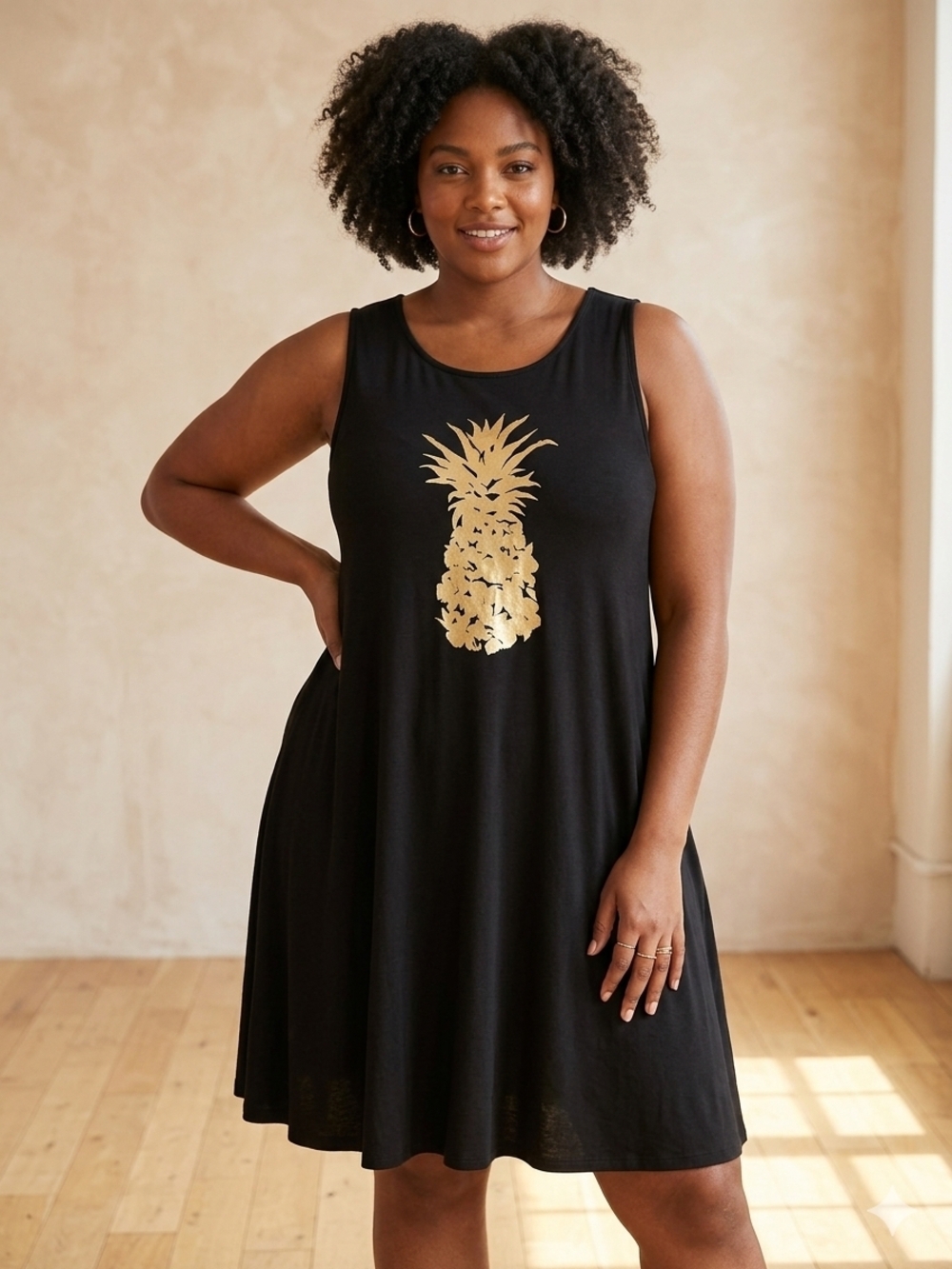 Cupio Black Tank Swim Cover-Up Dress with Gold Pineapple Graphic